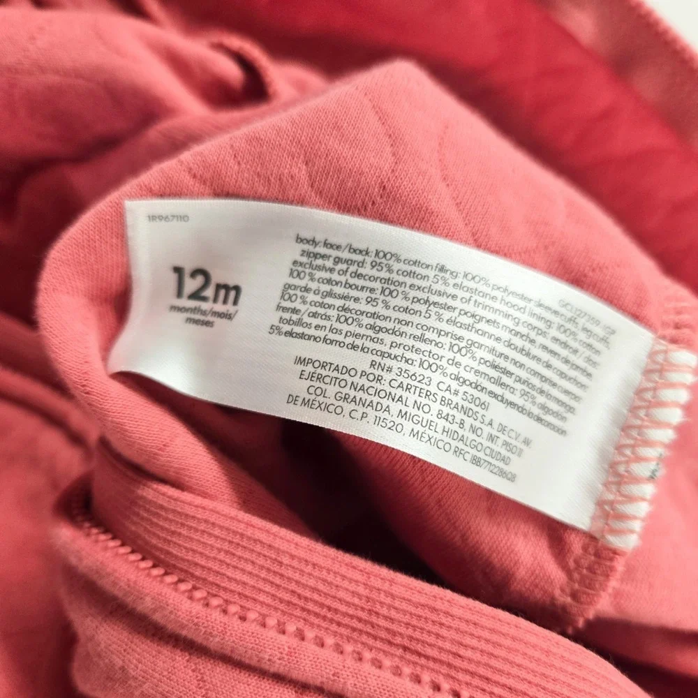 NEW! Carters Baby 12m Heart‎ Cotton Long Sleeve Jumpsuit Pink Hooded